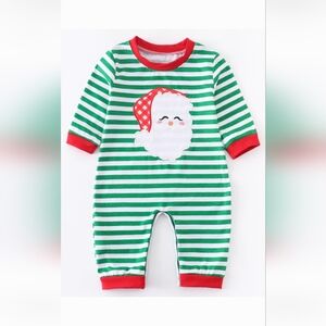 Baby Boy Green and White Stripes Santa Applique Christmas Romper NWOT